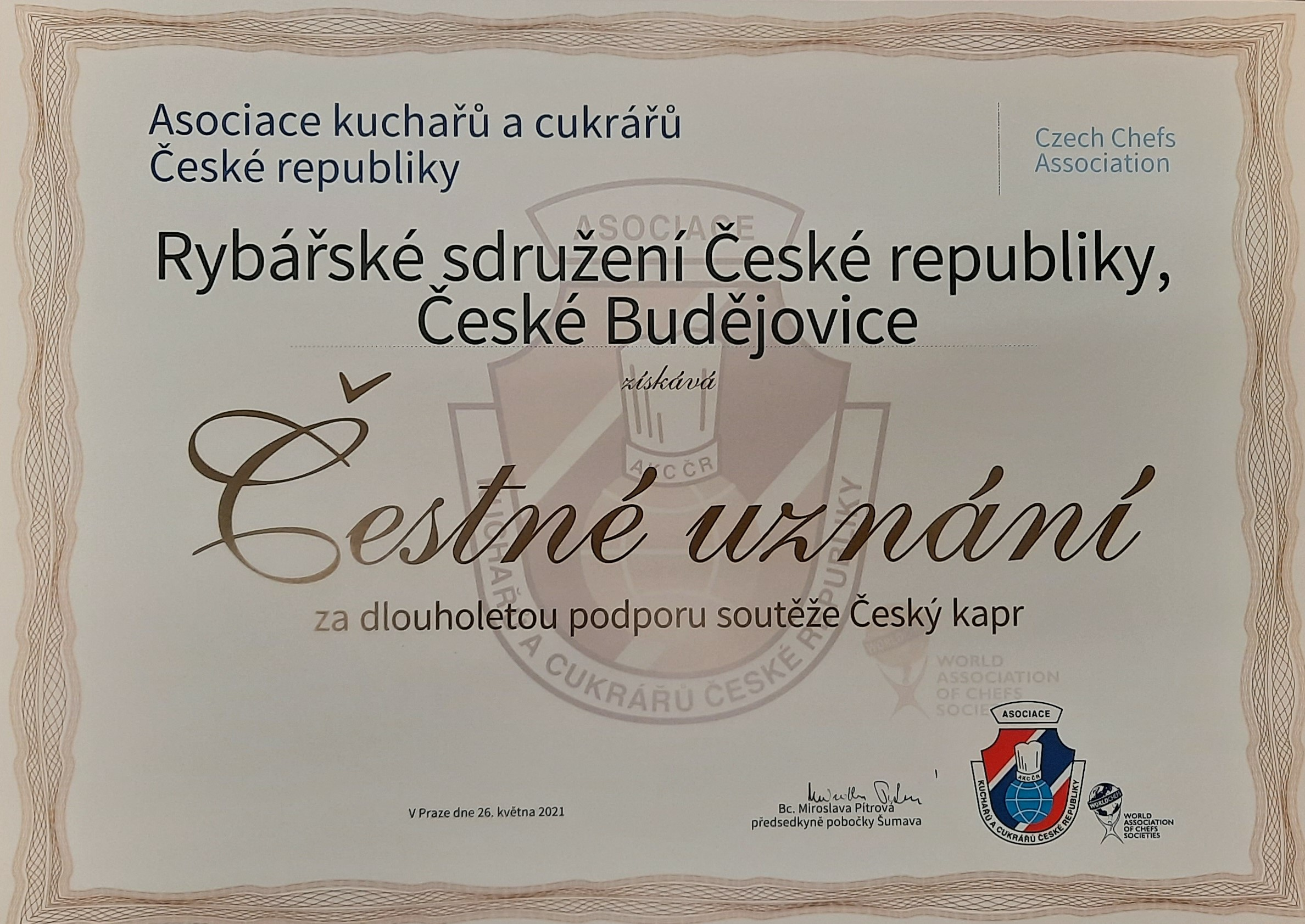 Rybářské sdružení ČR obdrželo Čestné uznání za dlouholetou podporu soutěže Český kapr