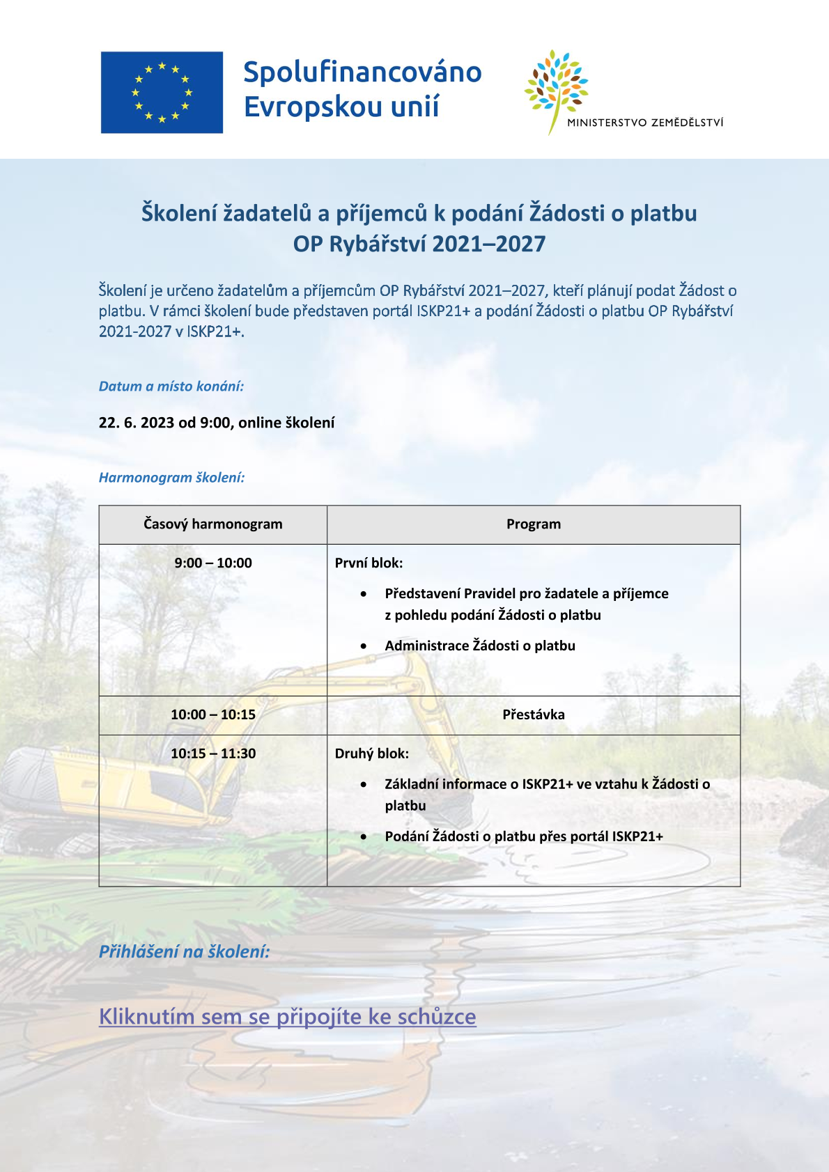 Školení žadatelů a příjemců k podání Žádosti o platbu OP Rybářství 2021–2027
